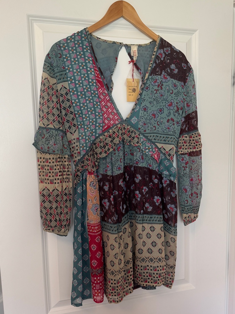 RAGA Multi-Print Boho Patchwork Mini Long Sleeve Dress with Open Back
